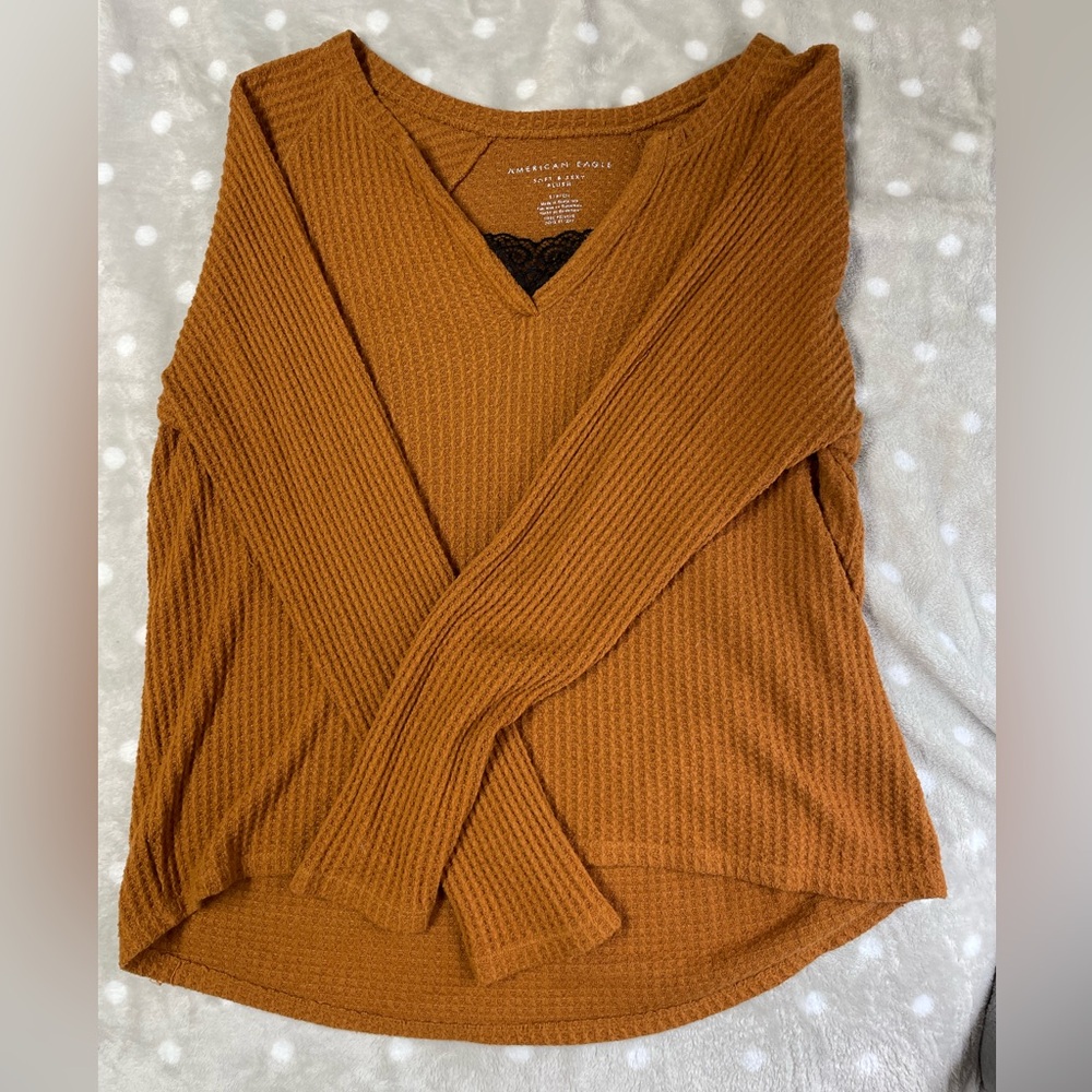 American Eagle Outfitters Women's V-Neck Waffle Knit Sweater - Burnt Orange